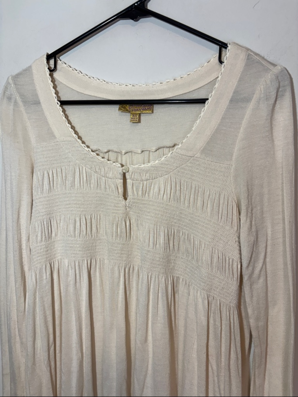 Y2K Princess Vera Wang Smocked Bust Baby Doll Style Henley Thin Long Sleeve Top